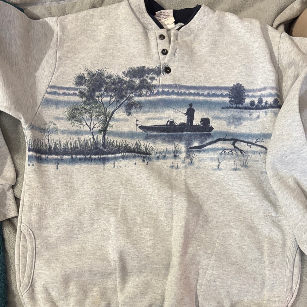Gray Sweatshirt with Fishing Scene